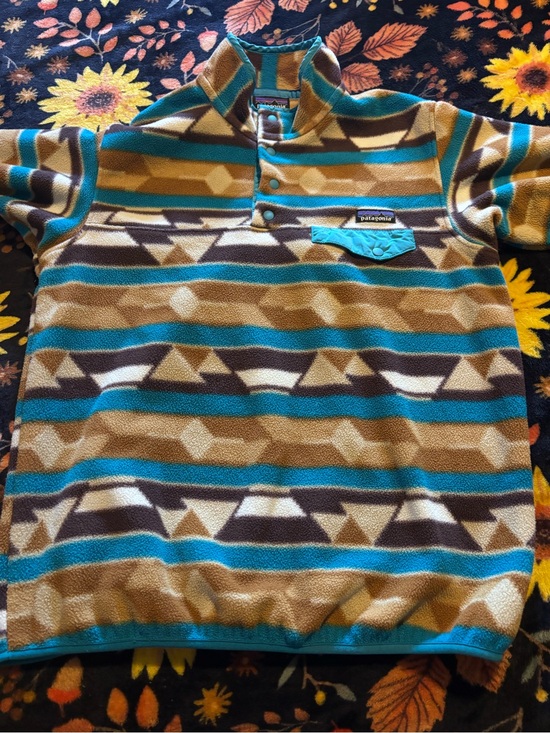Patagonia Jackets & Blazers - Patagonia Teal, Brown & Cream Geometric Kids Fleece Pullover